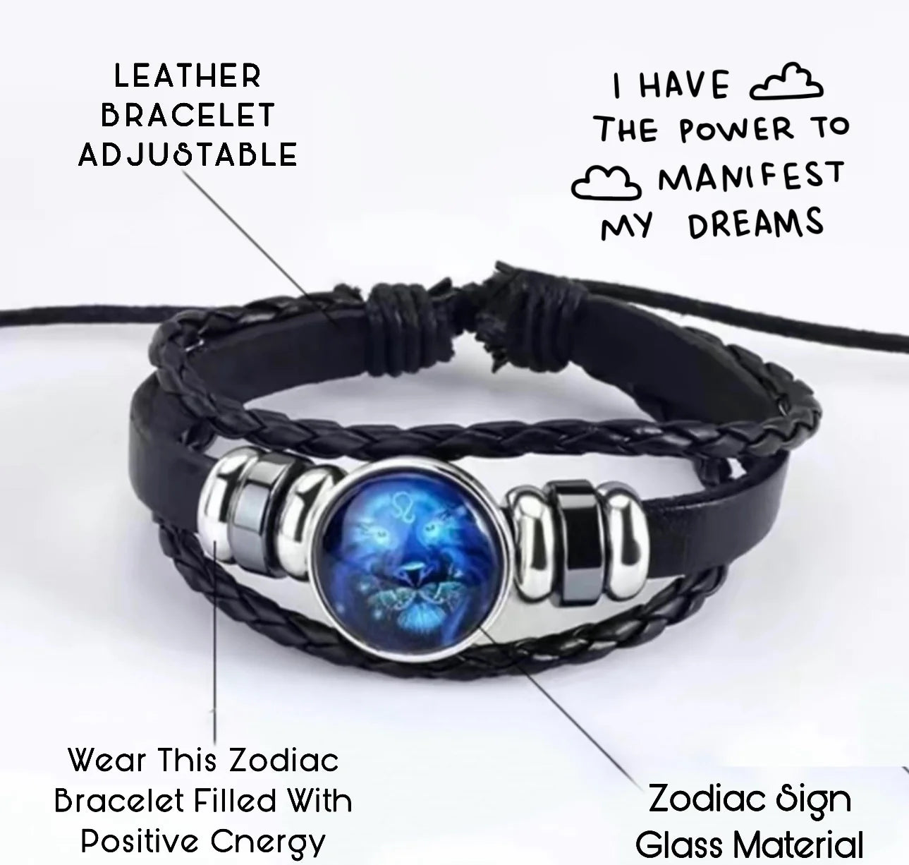 100% Original( असली)- Zodiac Sign Black Leather Adjustable Bracelet- Unisex